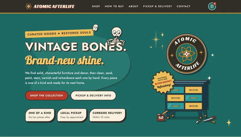 Atomic Afterlife website homepage: a teal hero reading 'Vintage bones. Brand-new shine.' with a peeking skeleton character, a round atom logo seal and an illustrated retro dresser